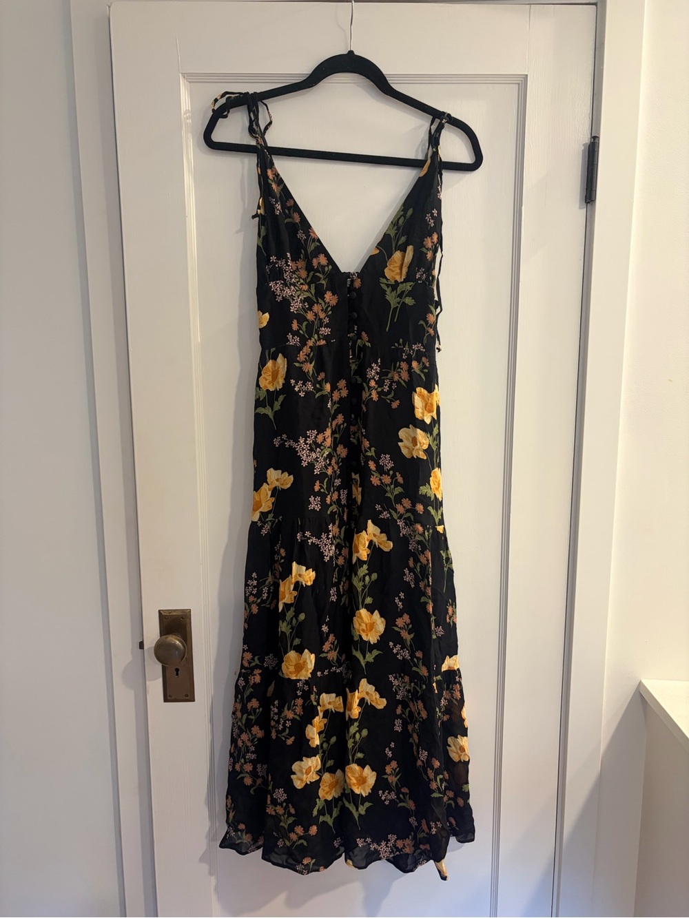 Reformation Black Midi Dress with Yellow Floral Print - Picture 3 of 8